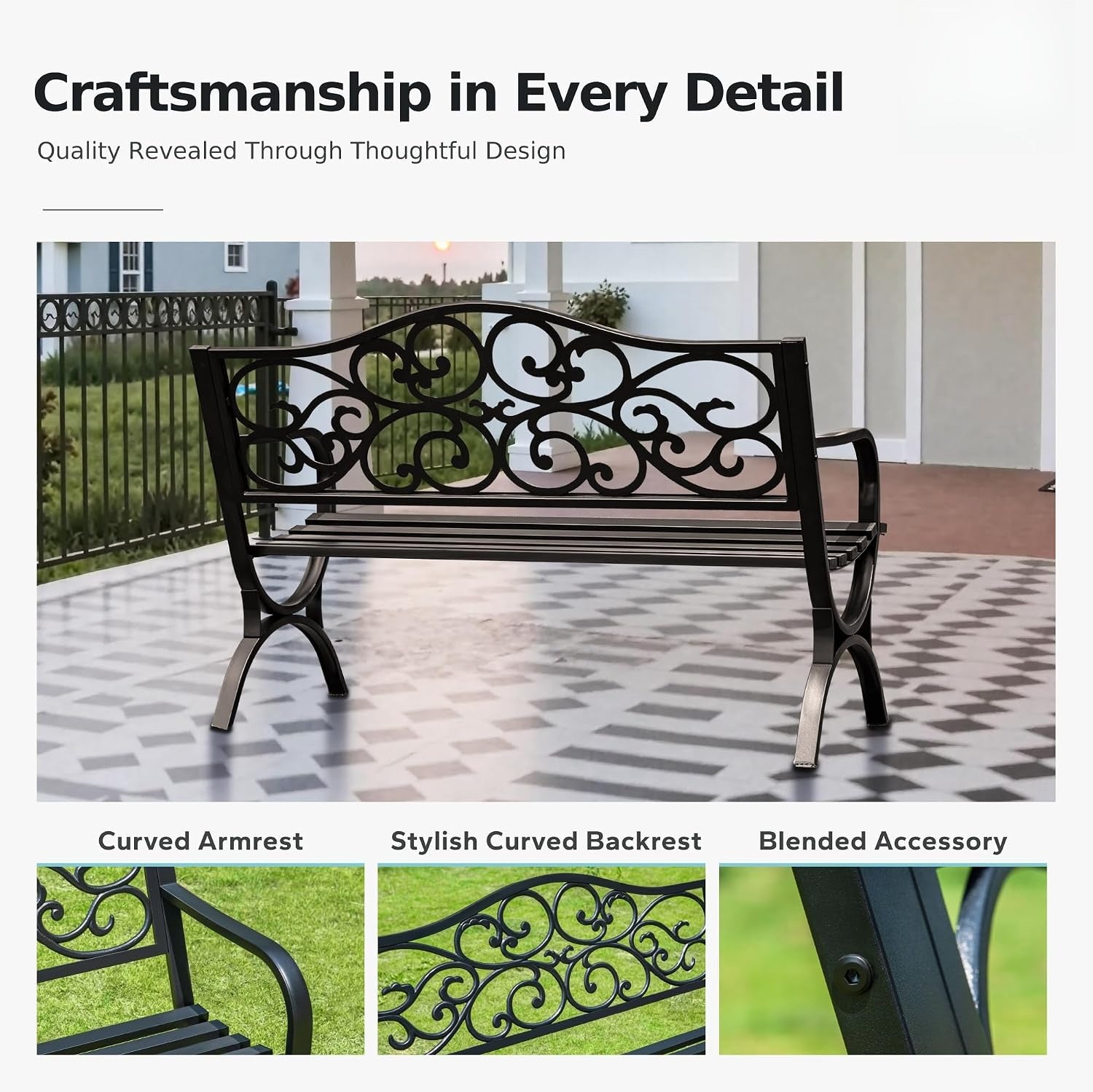 50" Black Cast Iron Garden Bench