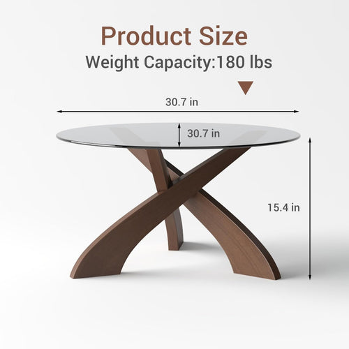 30.7" Walnut X‑Base Round Glass Coffee Table