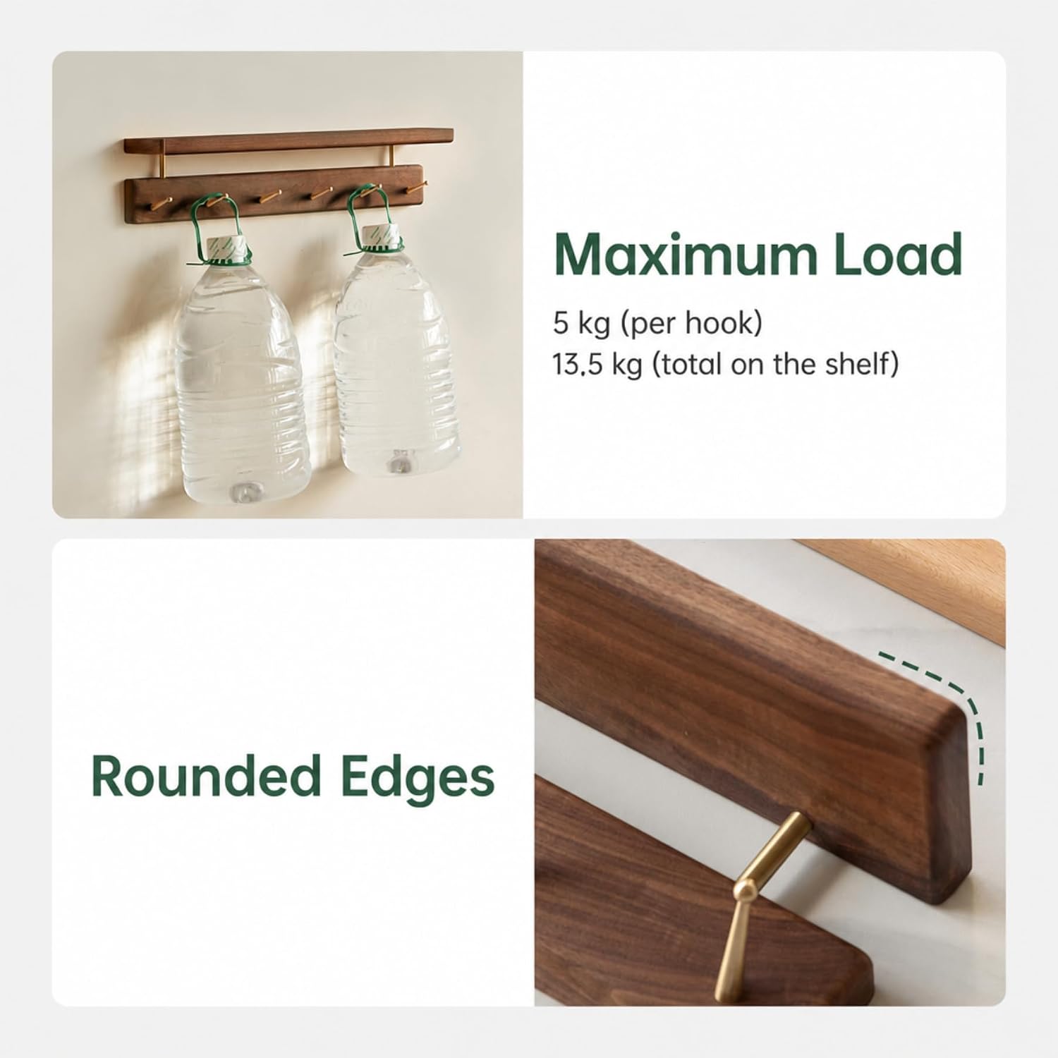 Walnut Wall Hooks with Shelf 9 Brass Hooks