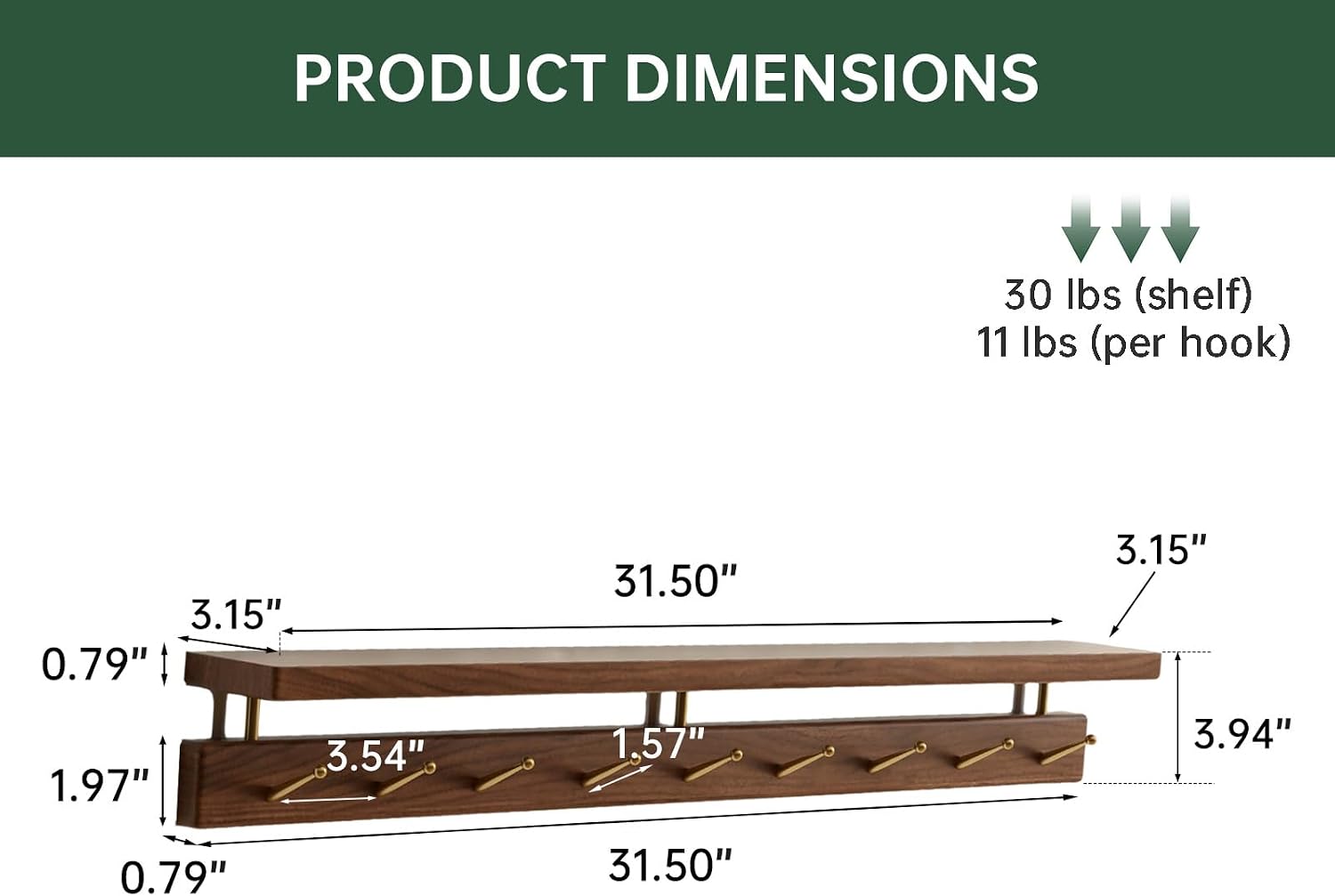 Walnut Wall Hooks with Shelf 9 Brass Hooks
