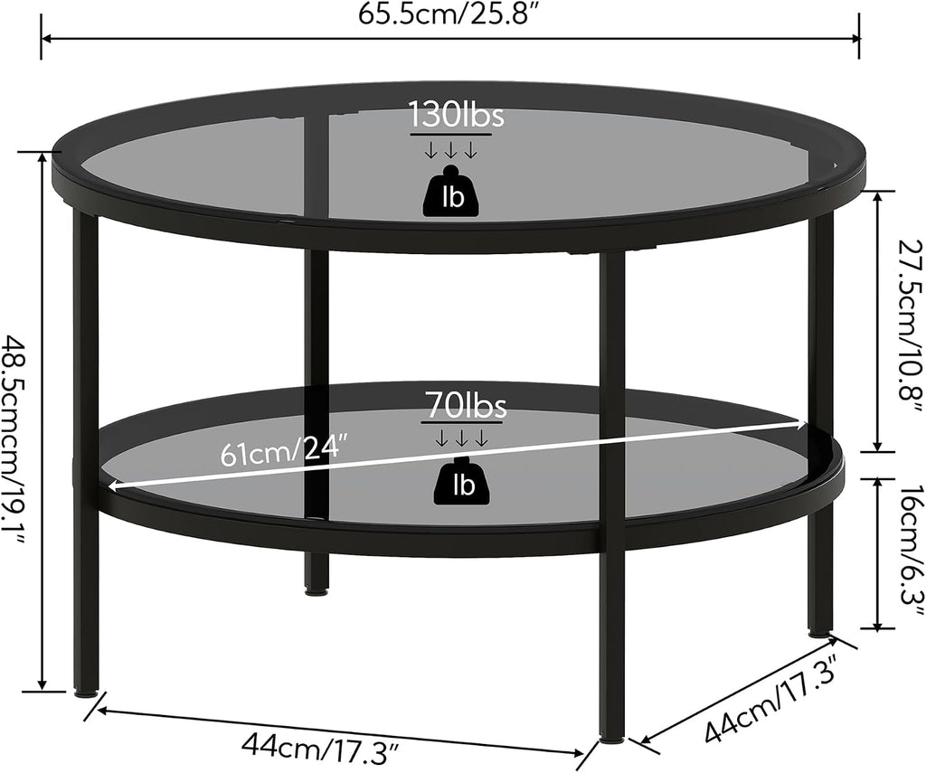 26" 2‑Tier Black Glass Round Coffee Table