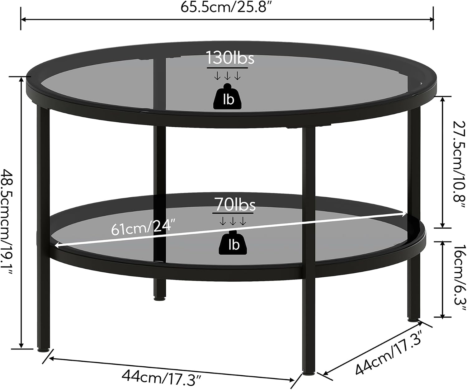 26" 2‑Tier Black Glass Round Coffee Table