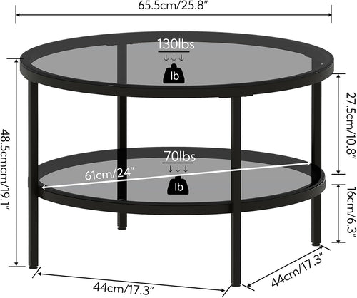26" 2‑Tier Black Glass Round Coffee Table