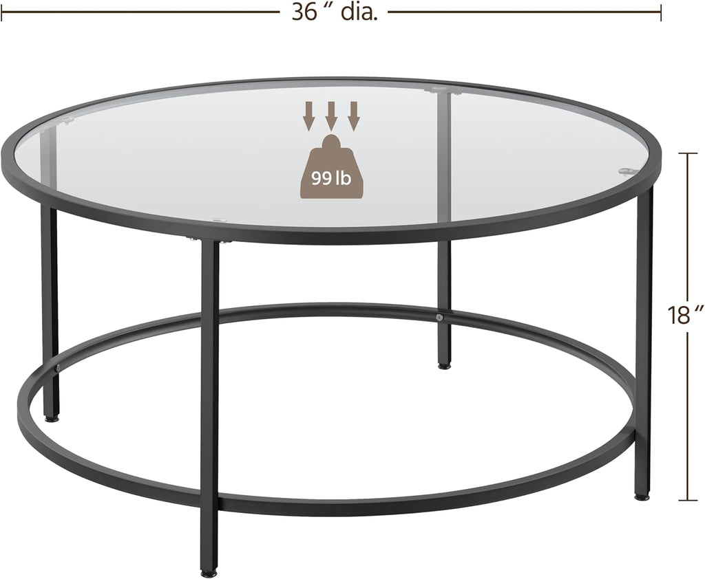 36" Black Metal Frame Round Glass Coffee Table