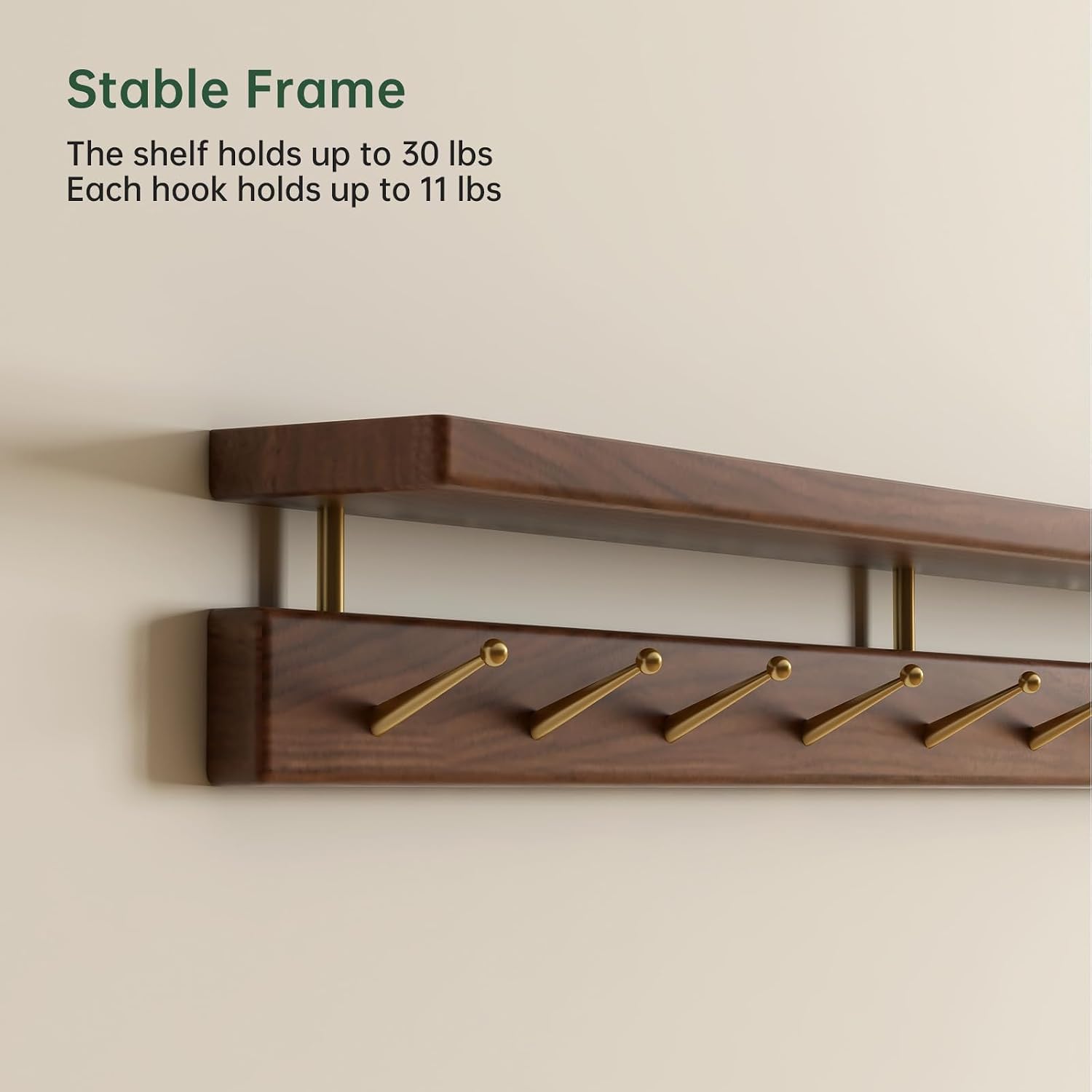 Walnut Wall Hooks with Shelf 9 Brass Hooks