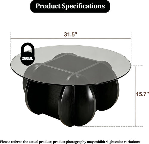 31.5" Round Glass Coffee Table Wood Base