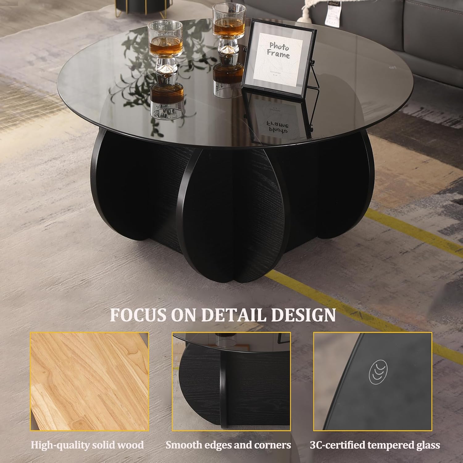 31.5" Round Glass Coffee Table Wood Base