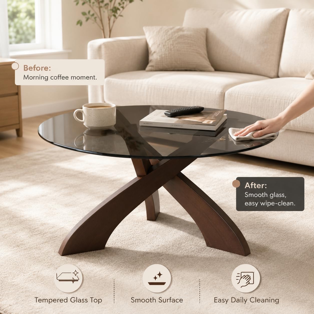 30.7" Walnut X‑Base Round Glass Coffee Table