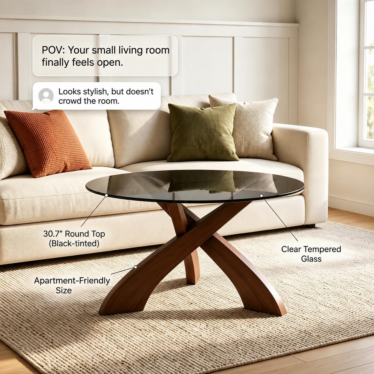30.7" Walnut X‑Base Round Glass Coffee Table