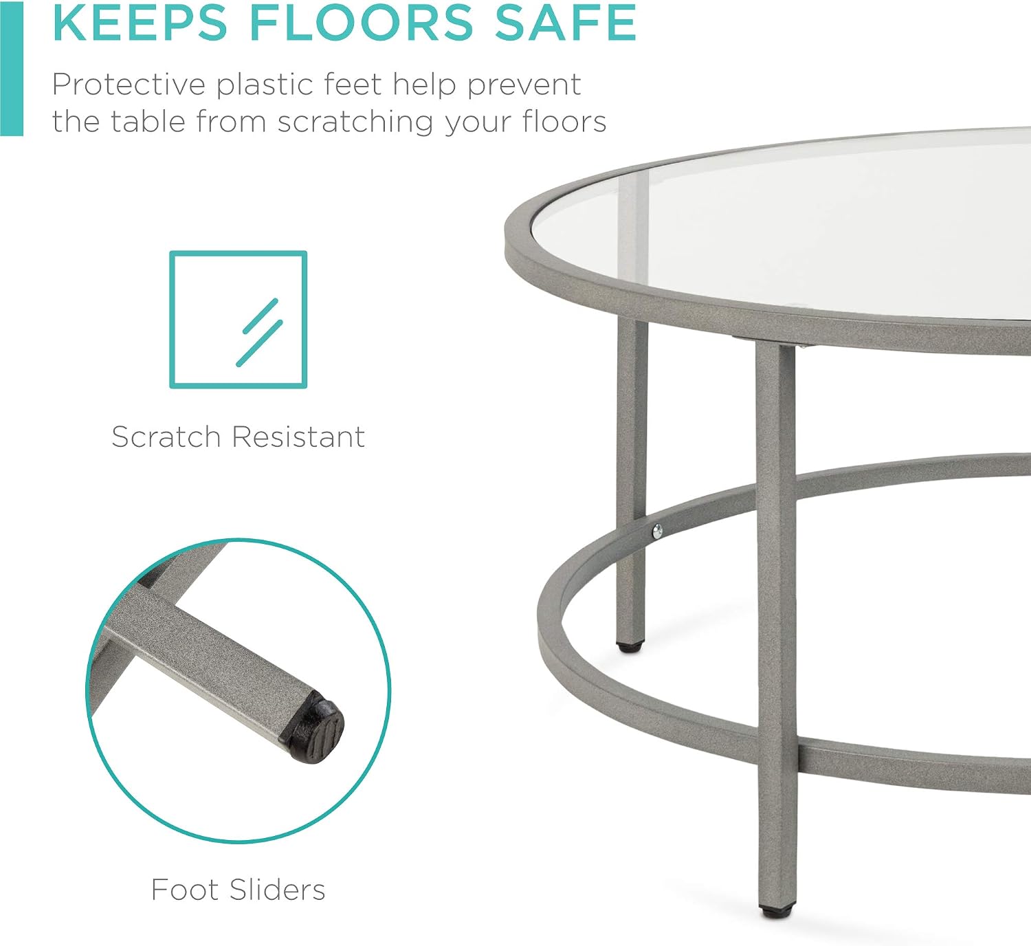36" Gray Metal Frame Round Glass Coffee Table