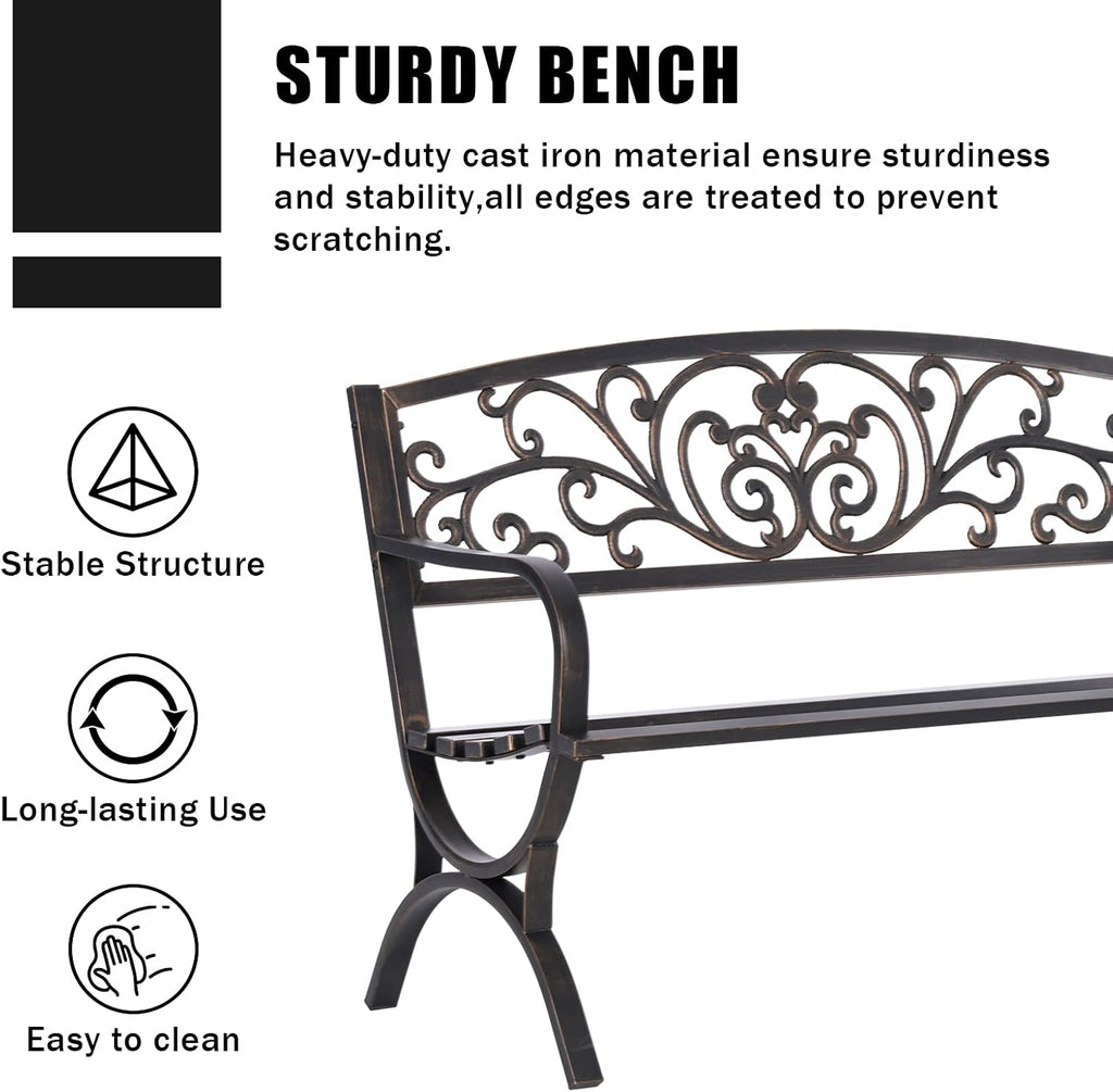50" Bronze Floral Cast Iron Bench