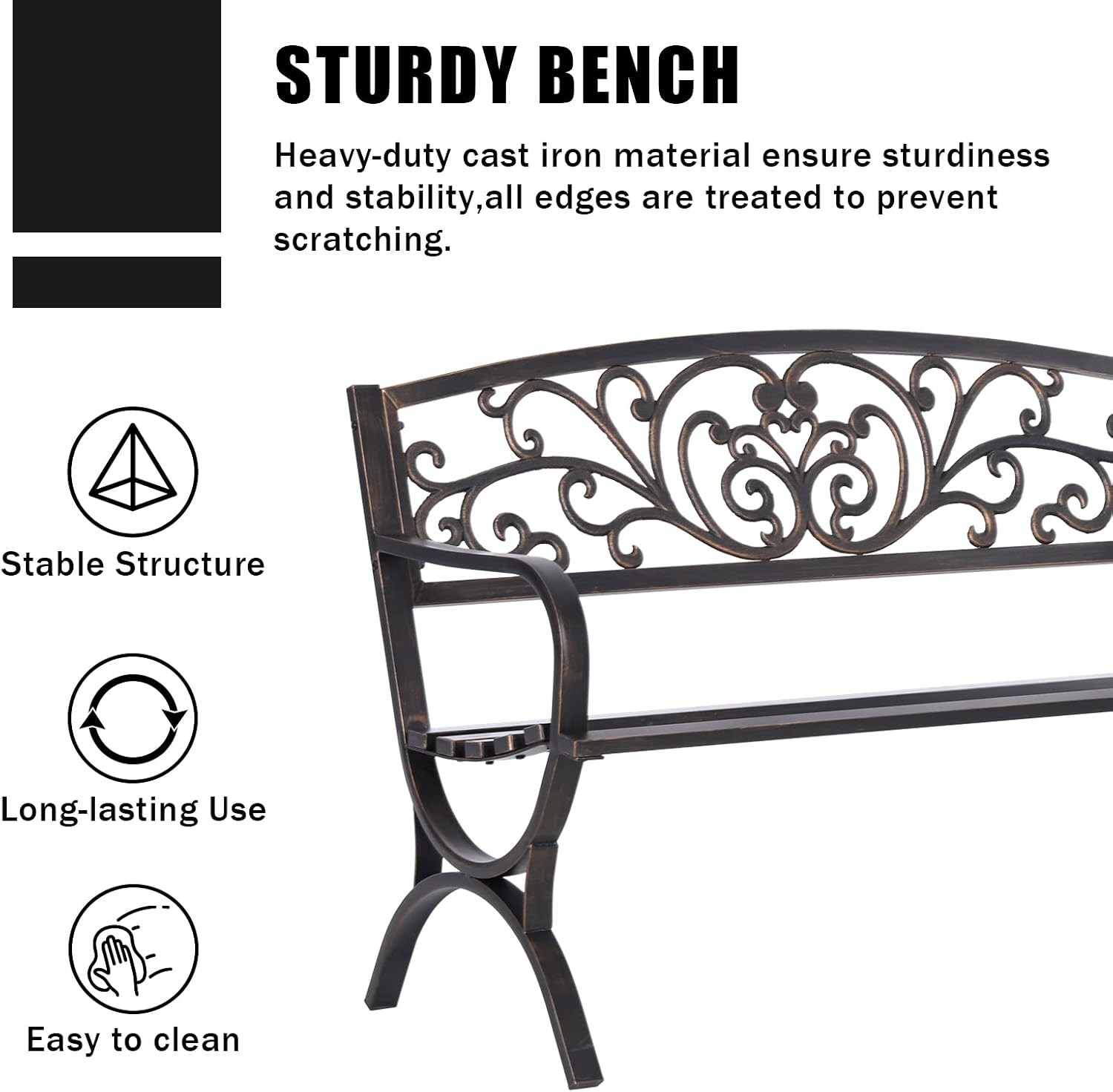 50" Bronze Floral Cast Iron Bench