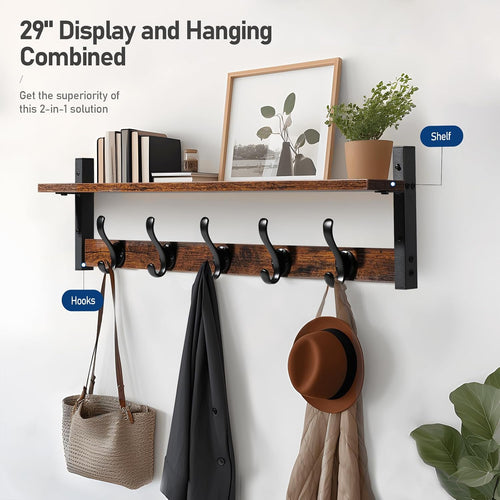 29‑Inch Rustic Wall Mount Coat Rack with Shelf