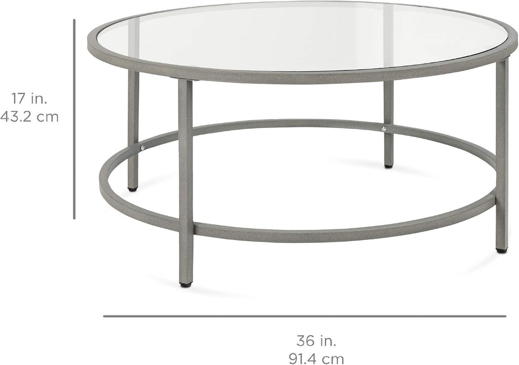 36" Gray Metal Frame Round Glass Coffee Table