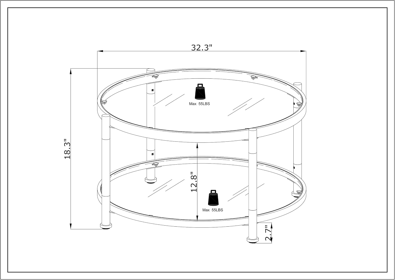 32" Round Tempered Glass Coffee Table Chrome Acrylic Legs