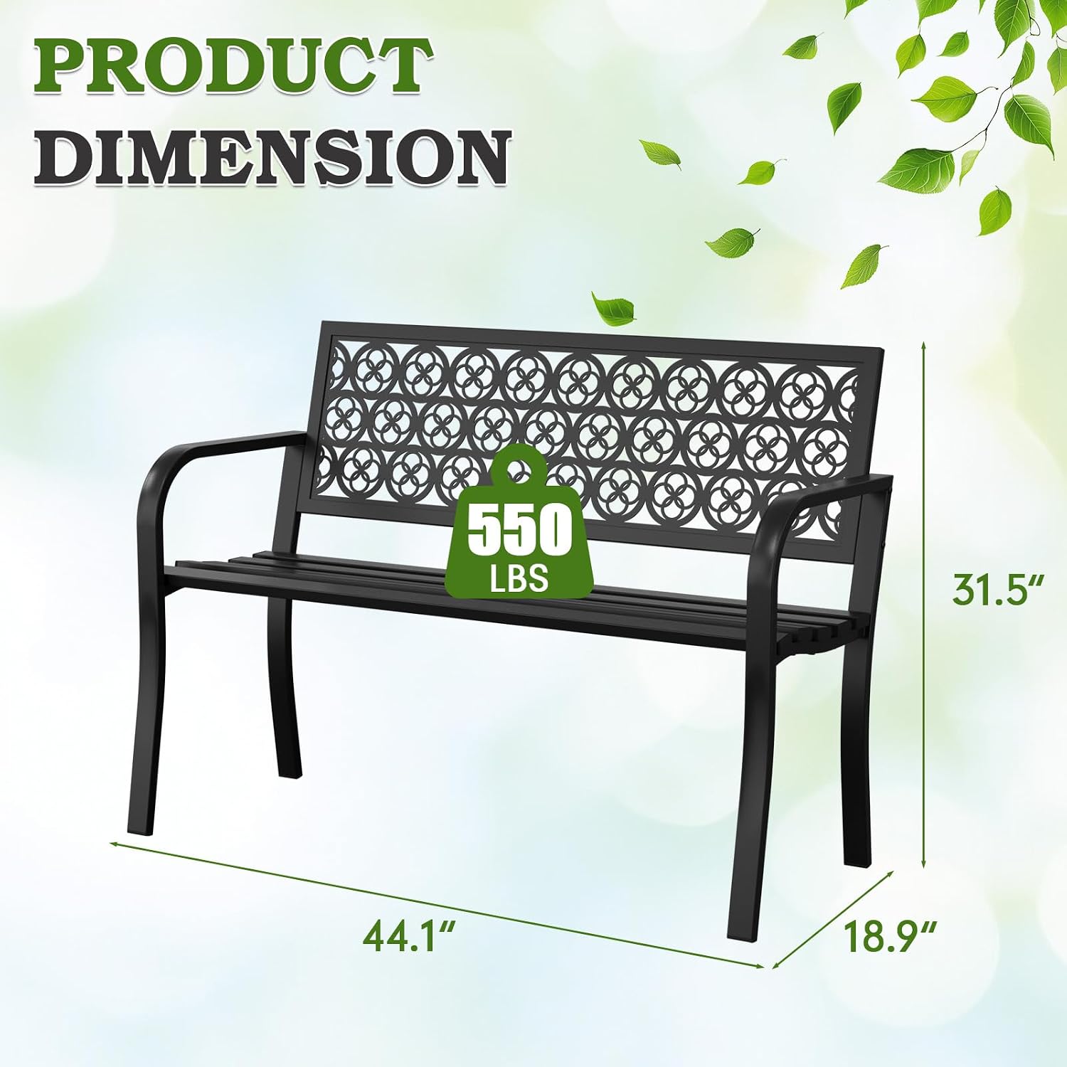 44" Black Iron Outdoor Garden Bench