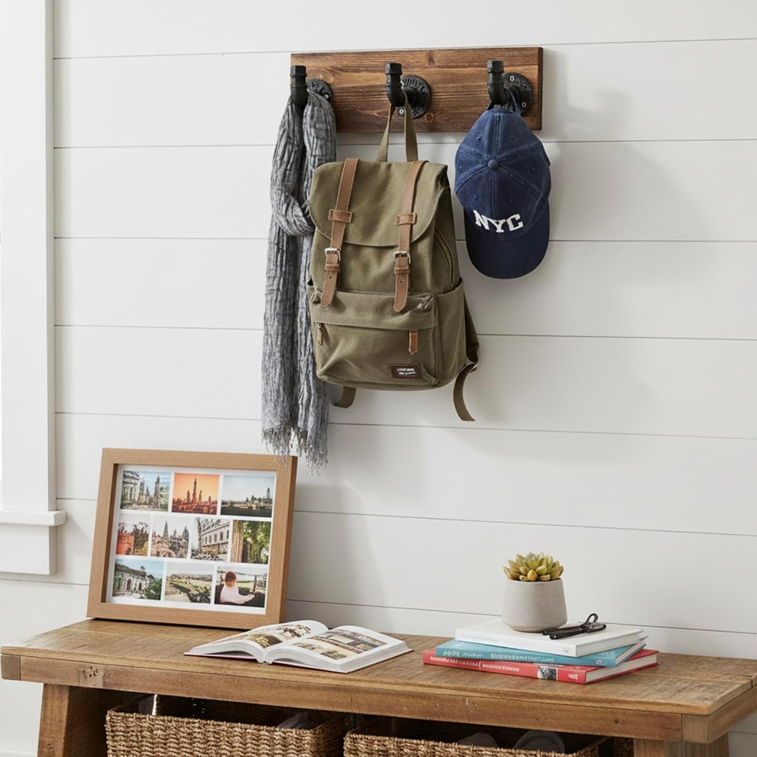 Burnt Wood Wall Mount Coat & Hat Rack 3 Hooks