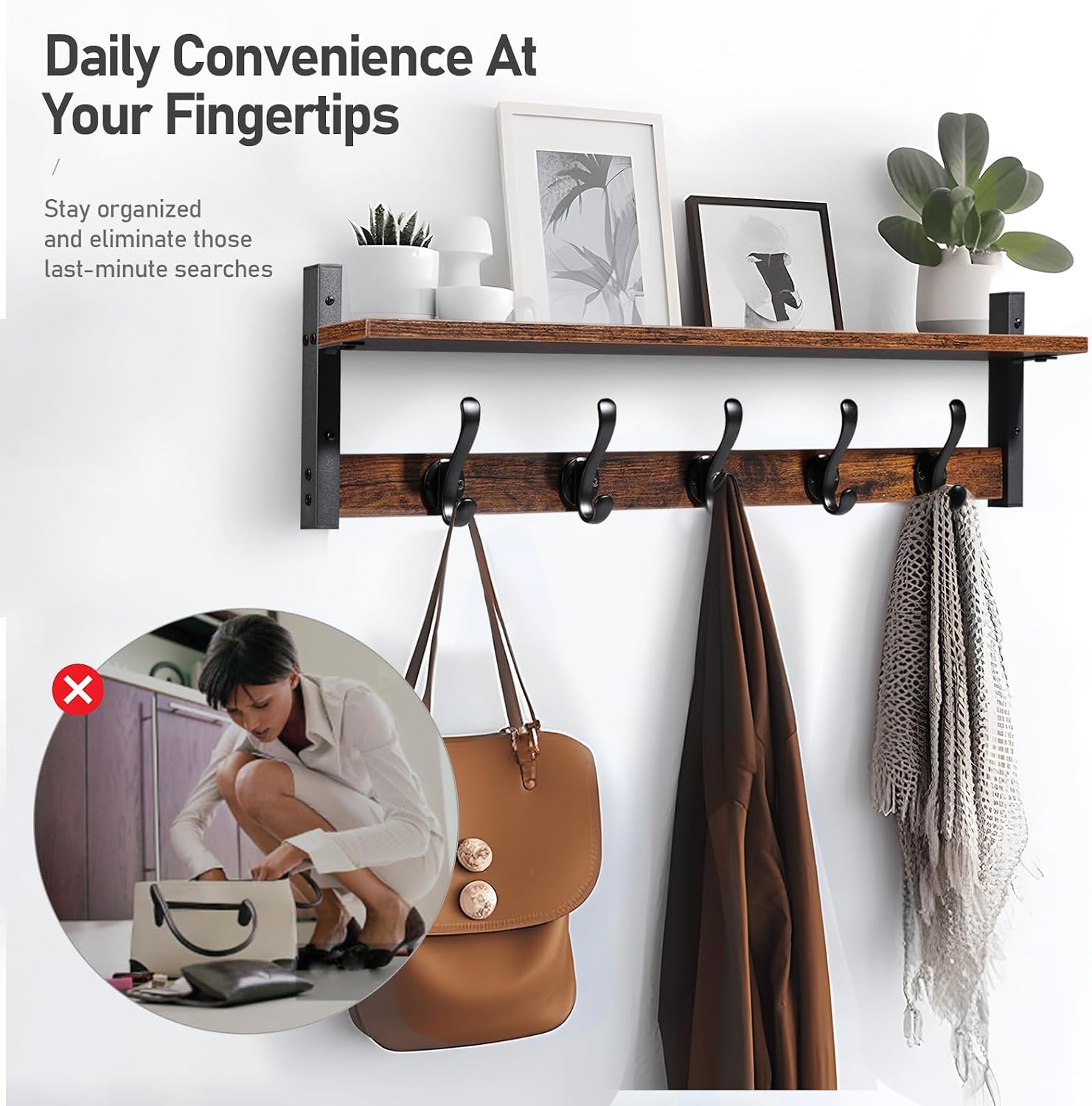 29‑Inch Rustic Wall Mount Coat Rack with Shelf
