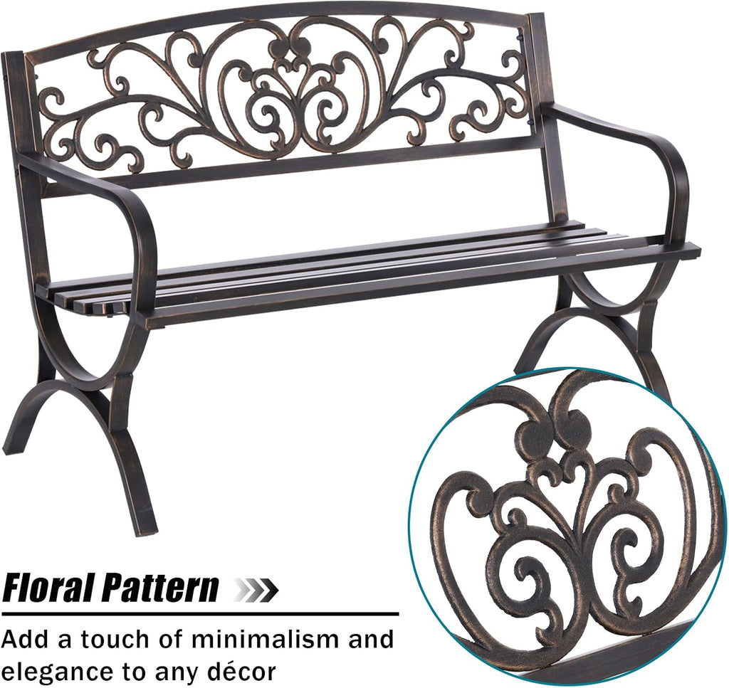 50" Bronze Floral Cast Iron Bench