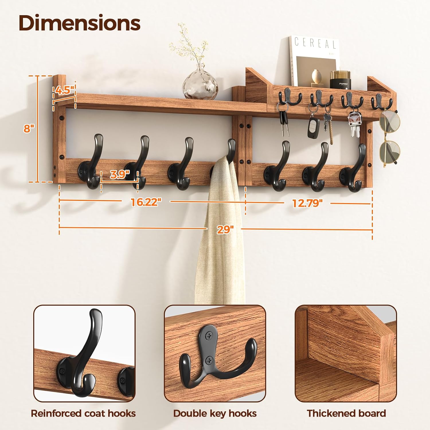 29‑Inch Wall Mount Coat Rack with Shelf 11 Hooks