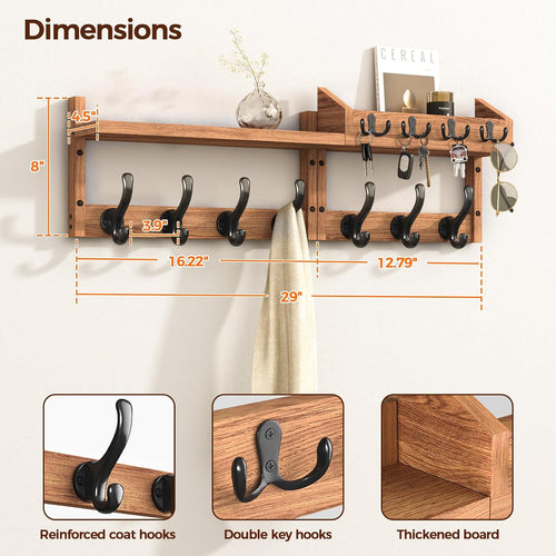29‑Inch Wall Mount Coat Rack with Shelf 11 Hooks
