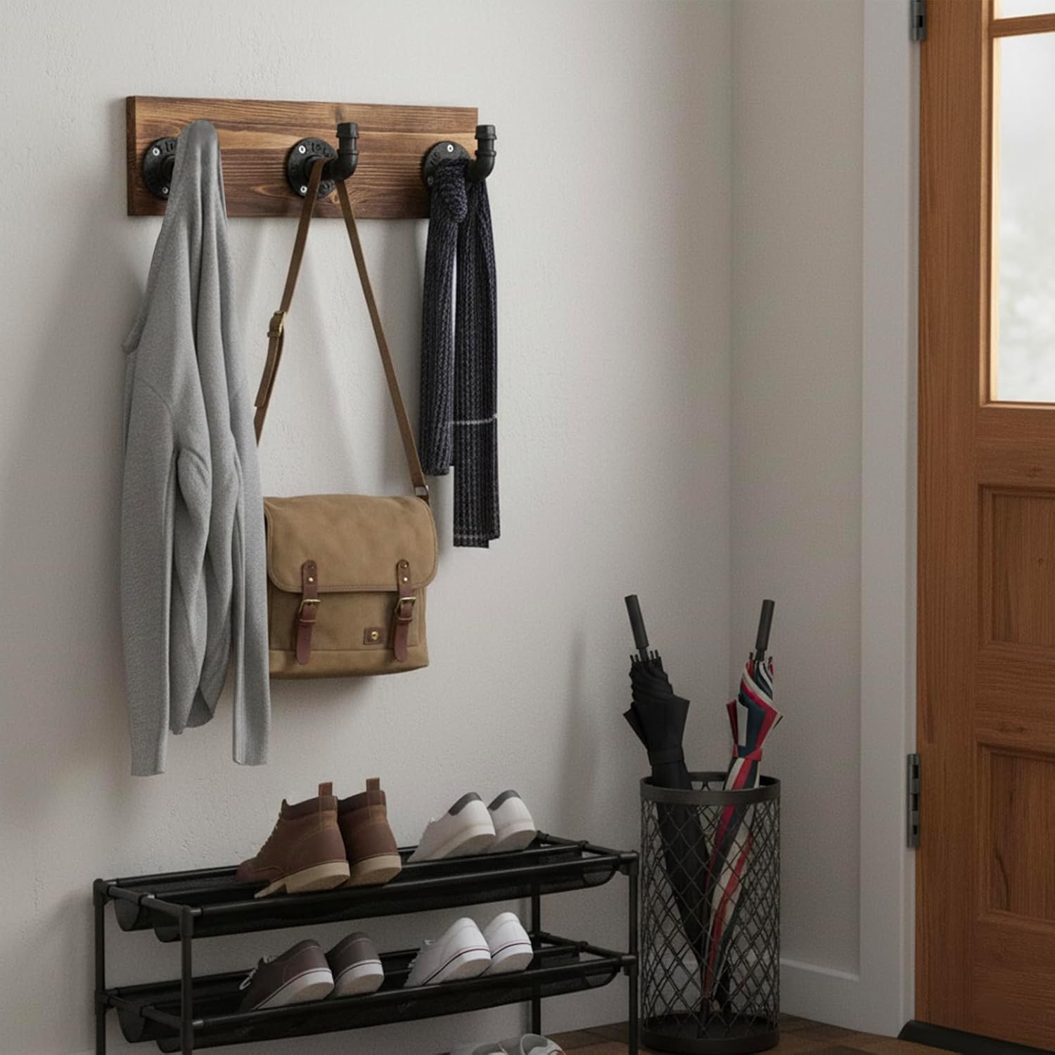 Burnt Wood Wall Mount Coat & Hat Rack 3 Hooks