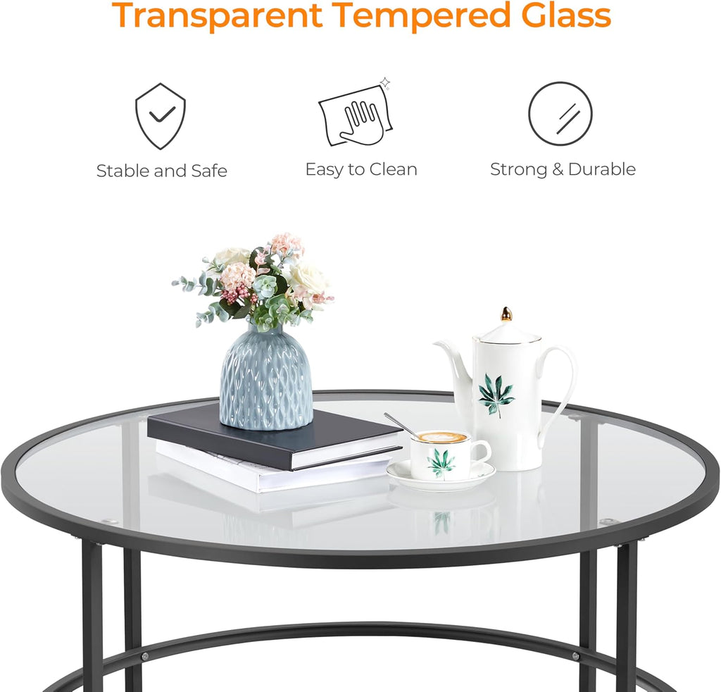 36" Black Metal Frame Round Glass Coffee Table