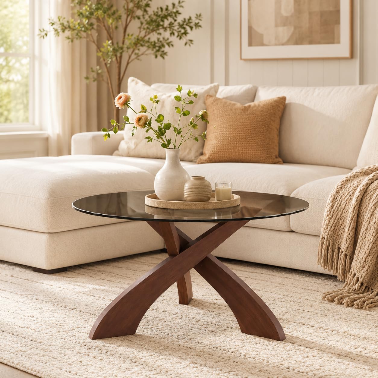30.7" Walnut X‑Base Round Glass Coffee Table