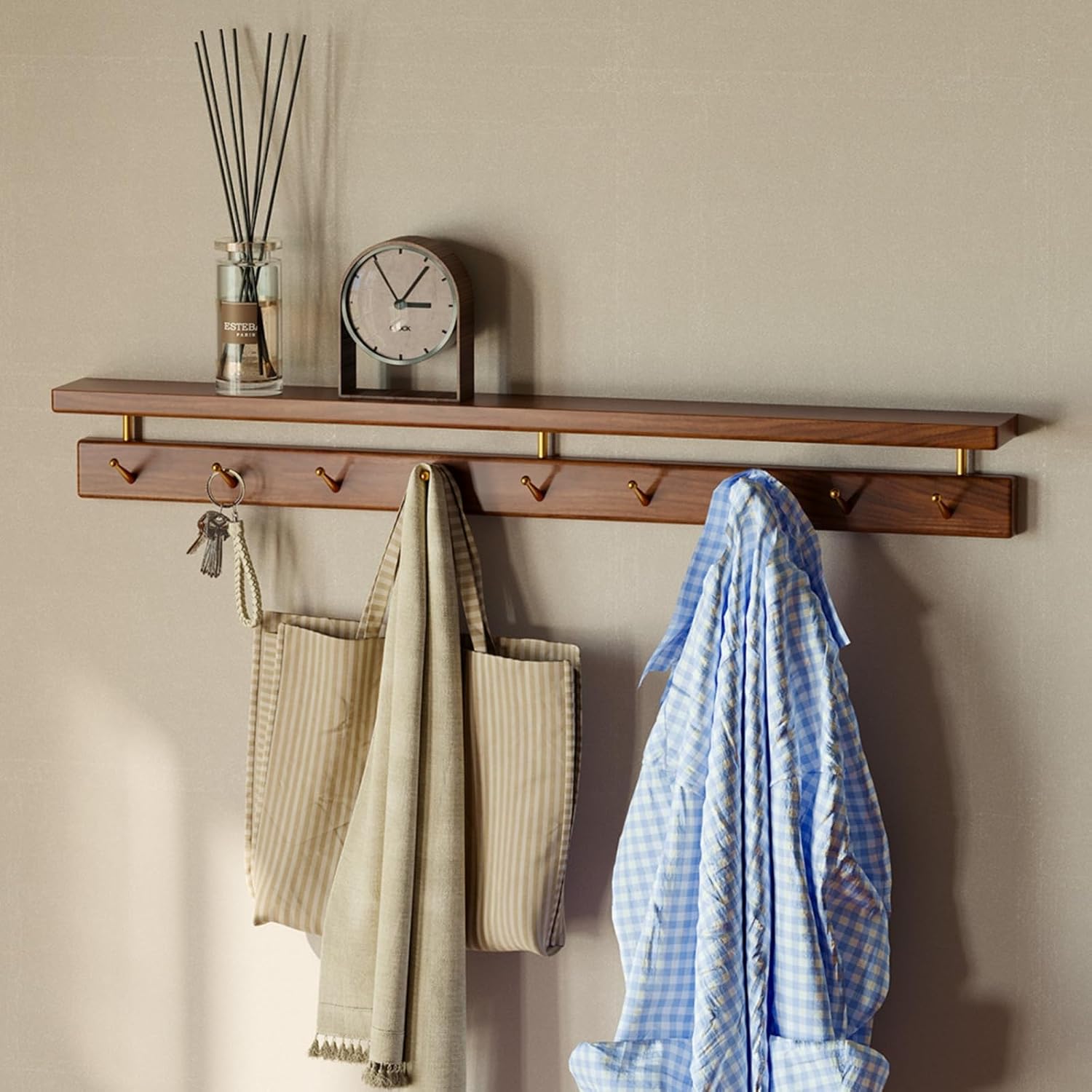 Walnut Wall Hooks with Shelf 9 Brass Hooks