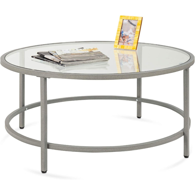 36" Gray Metal Frame Round Glass Coffee Table