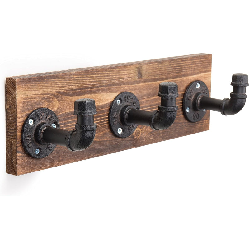 Burnt Wood Wall Mount Coat & Hat Rack 3 Hooks