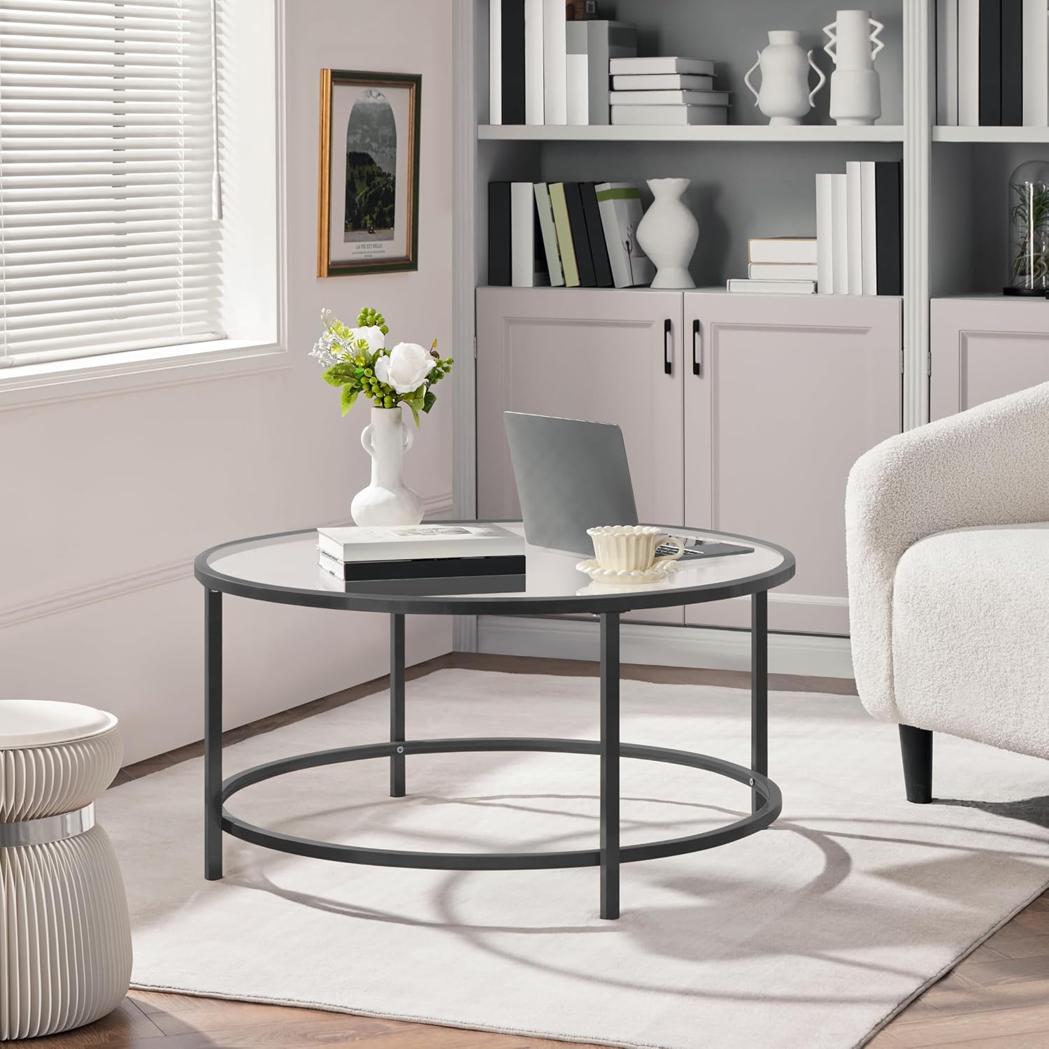 36" Black Metal Frame Round Glass Coffee Table