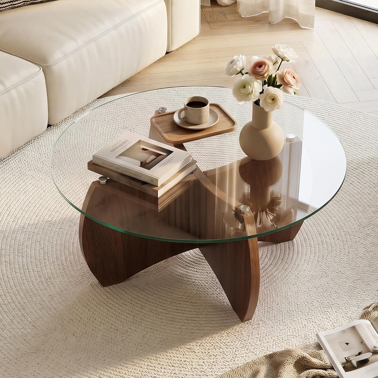 31.5" Walnut Base Round Tempered Glass Coffee Table