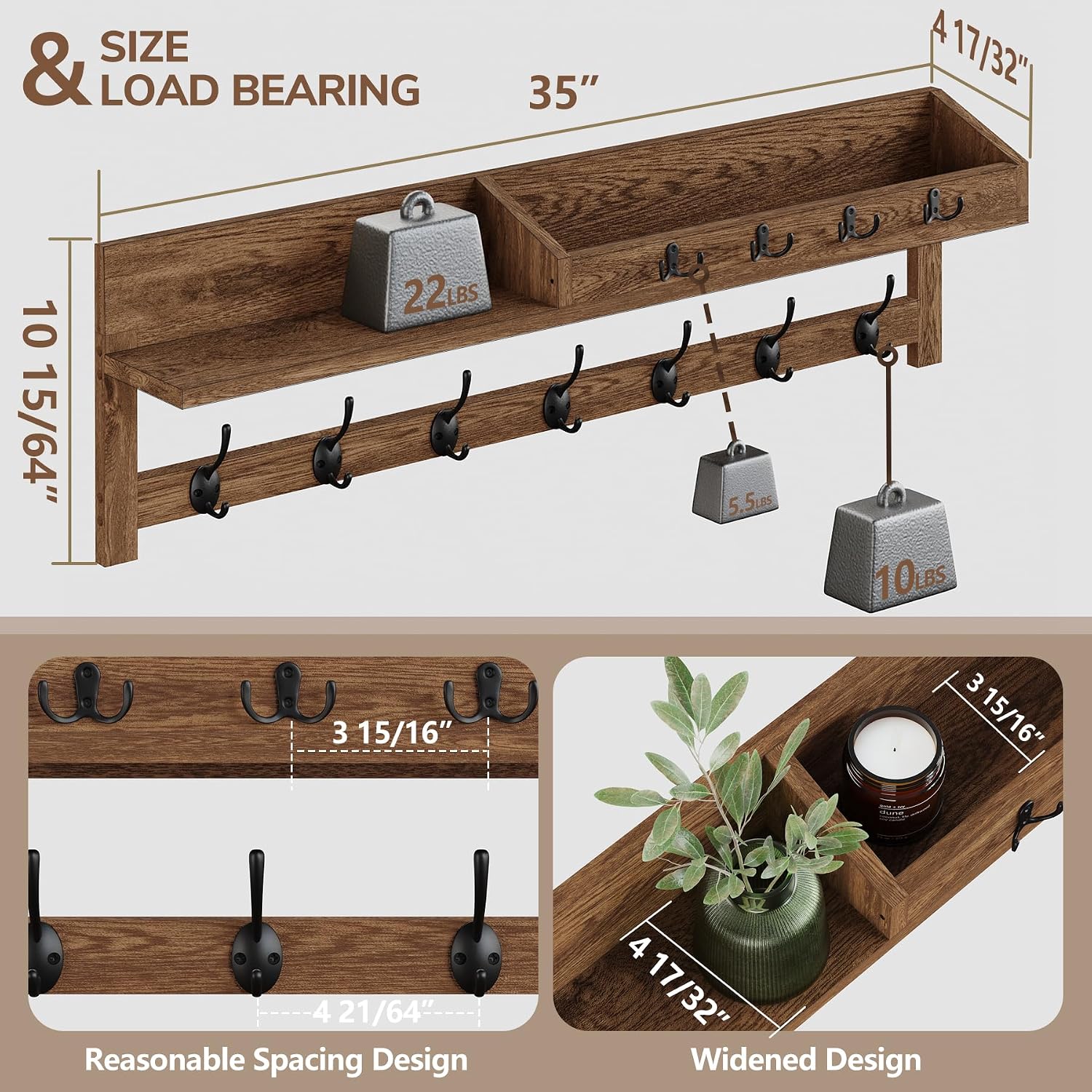 35‑Inch Wall Mount Coat Rack with Shelf