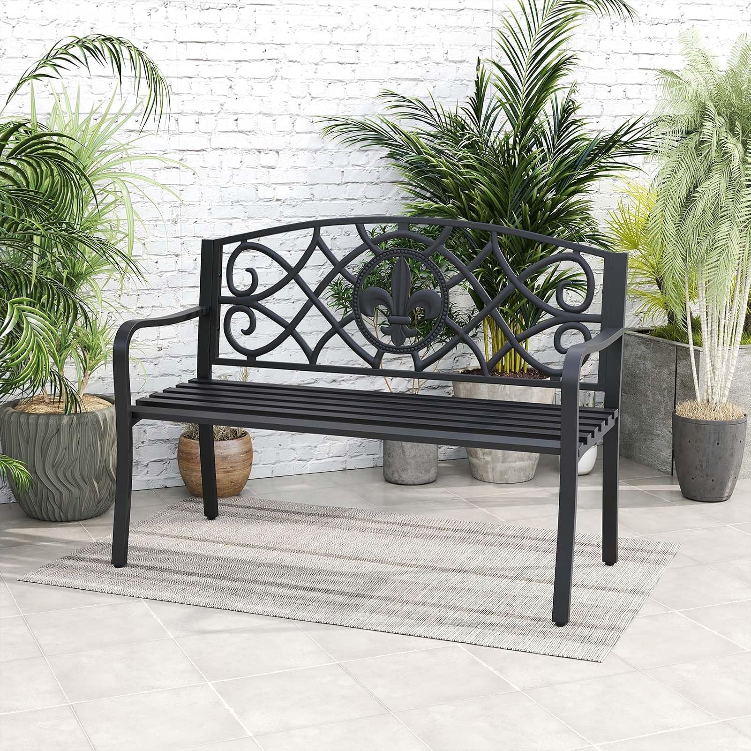 50.5" Floral Cast Iron Outdoor Bench