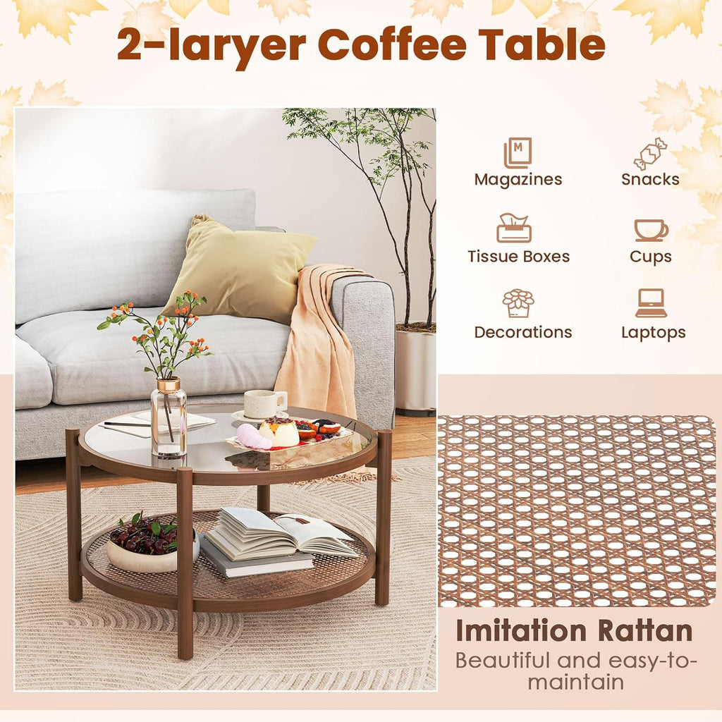 Boho Rattan 2‑Tier Round Coffee Table