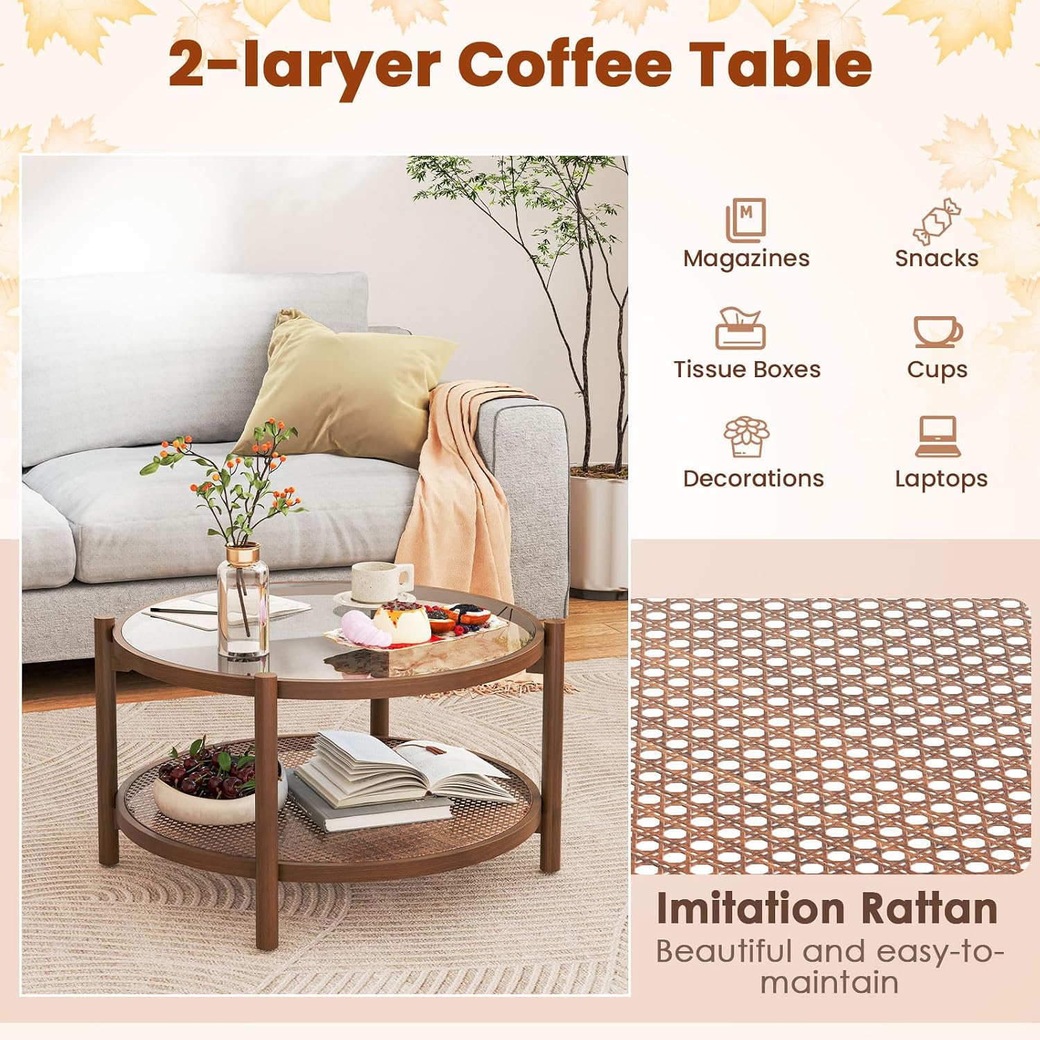 Boho Rattan 2‑Tier Round Coffee Table