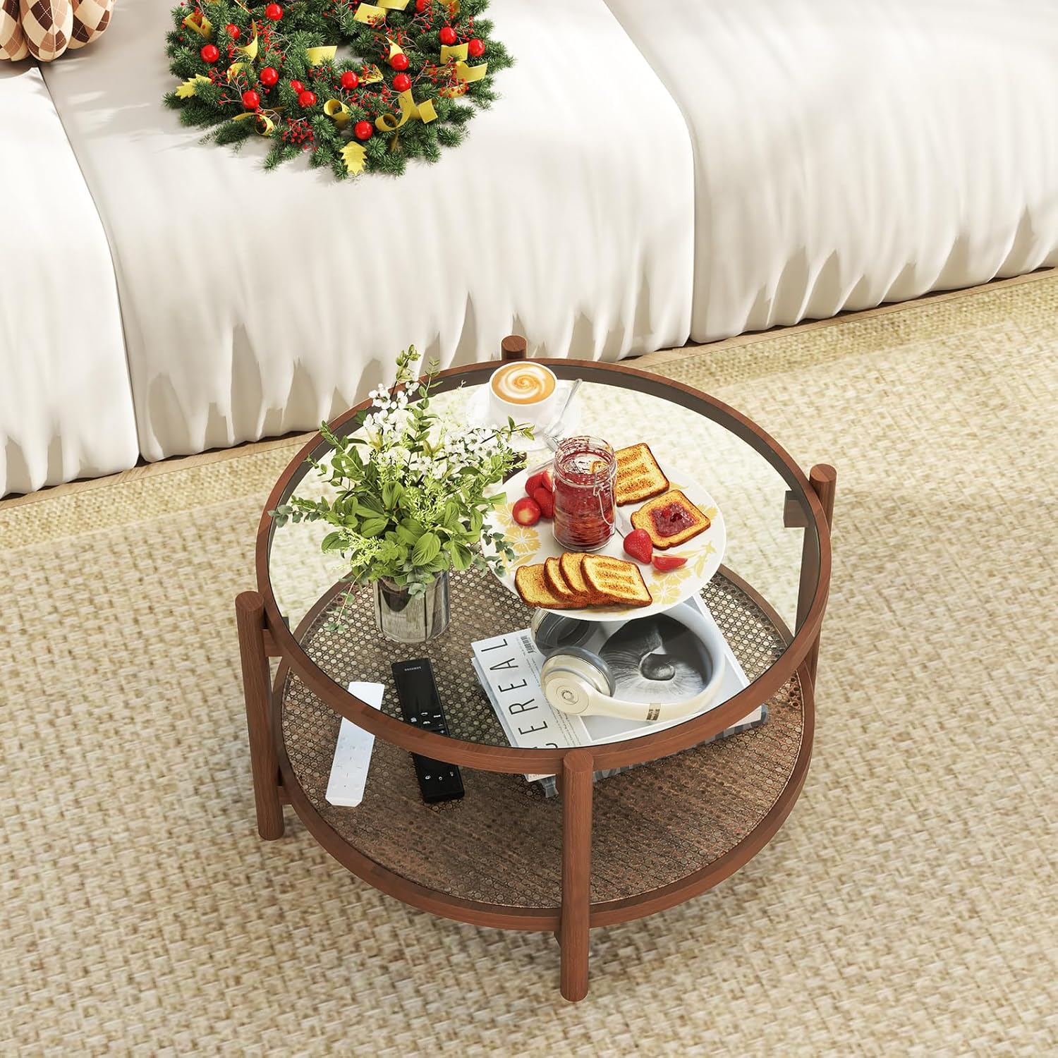 Boho Rattan 2‑Tier Round Coffee Table
