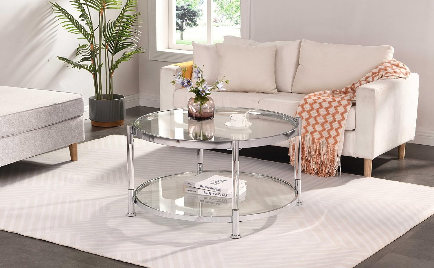 32" Round Tempered Glass Coffee Table Chrome Acrylic Legs