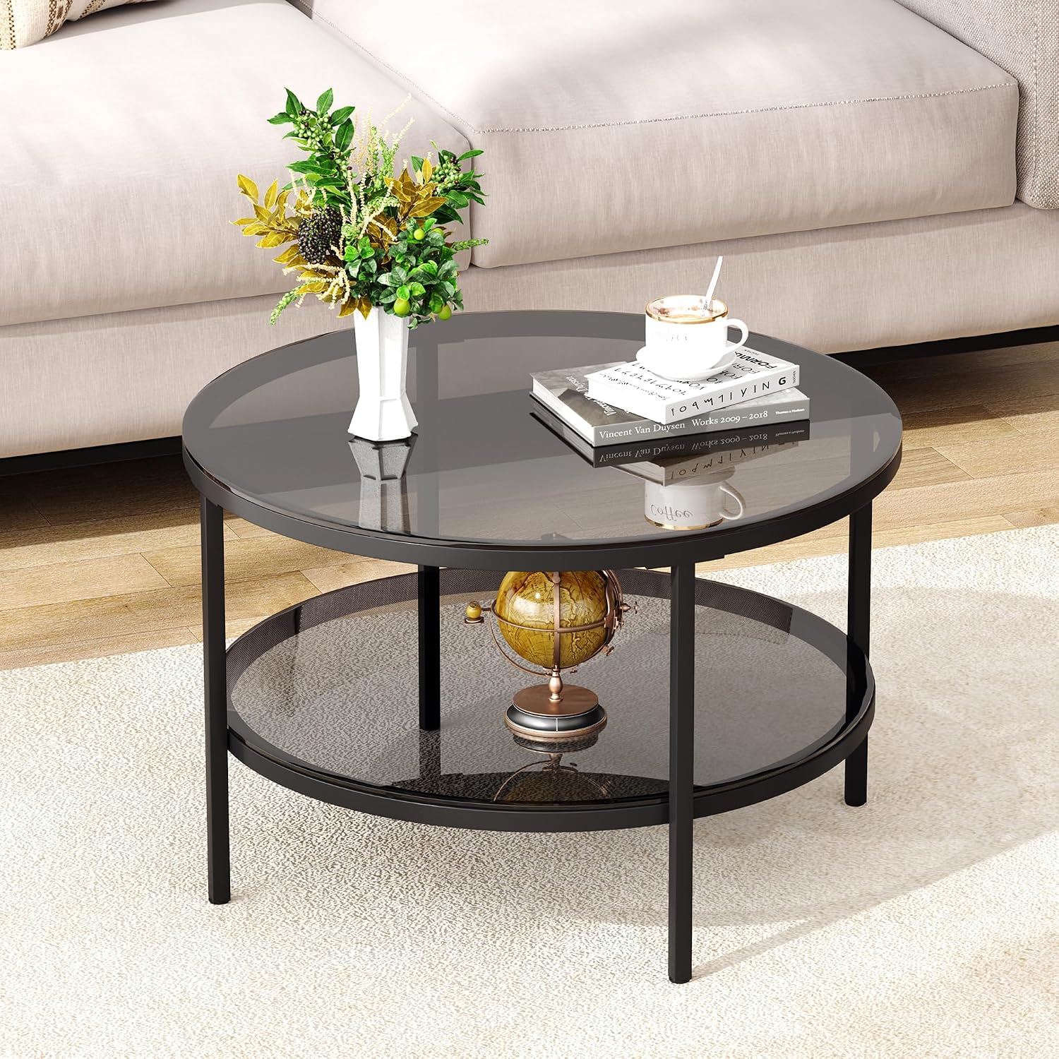 26" 2‑Tier Black Glass Round Coffee Table
