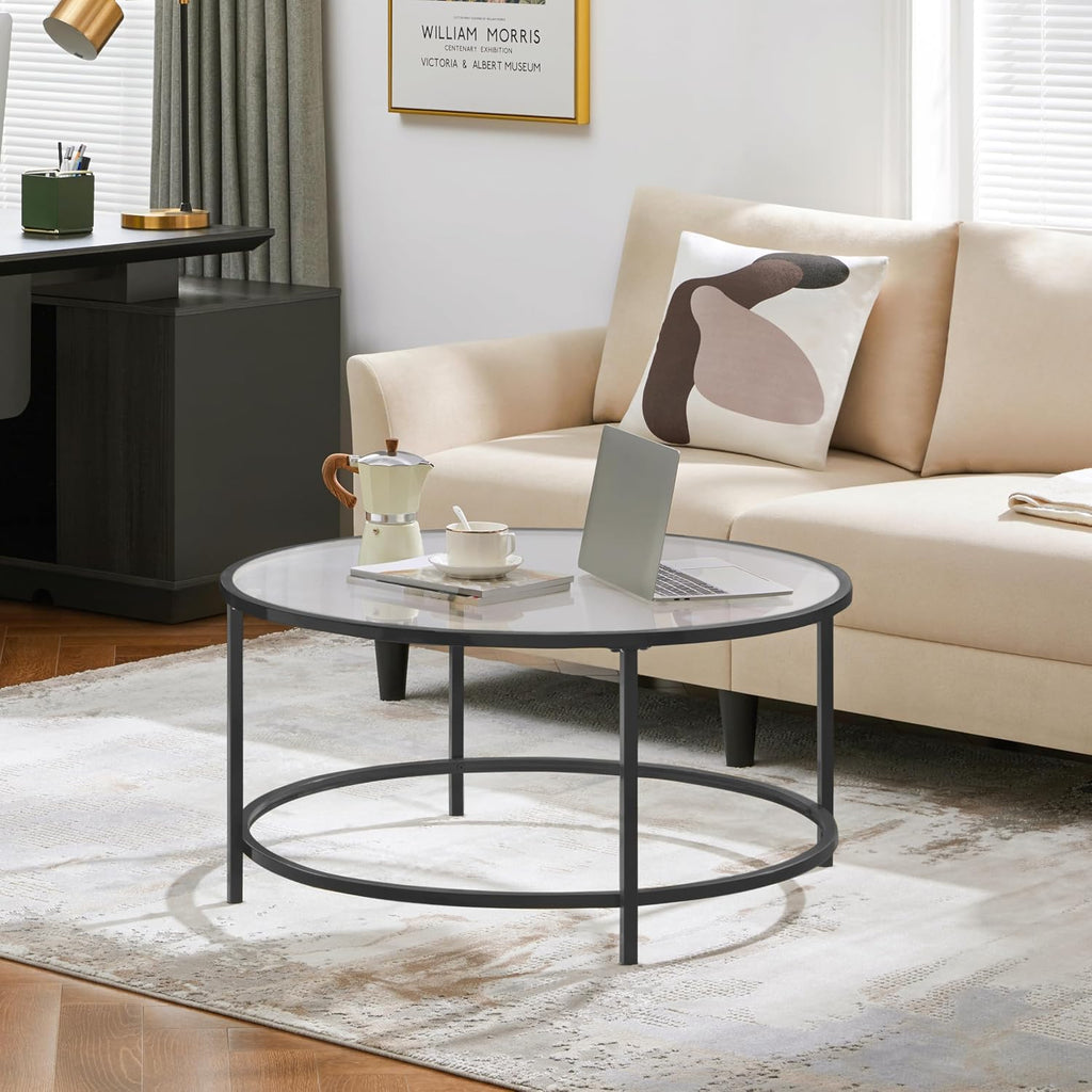 36" Black Metal Frame Round Glass Coffee Table