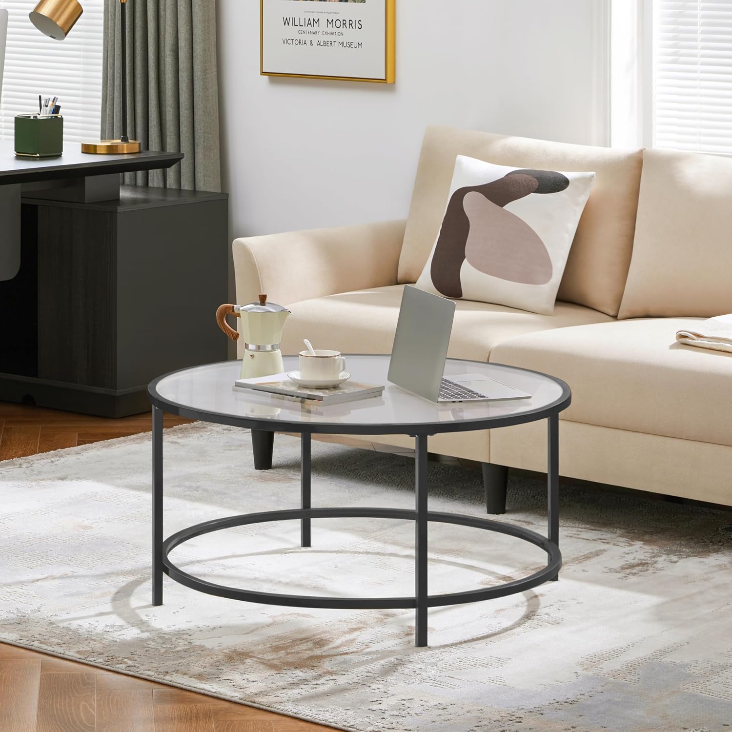 36" Black Metal Frame Round Glass Coffee Table