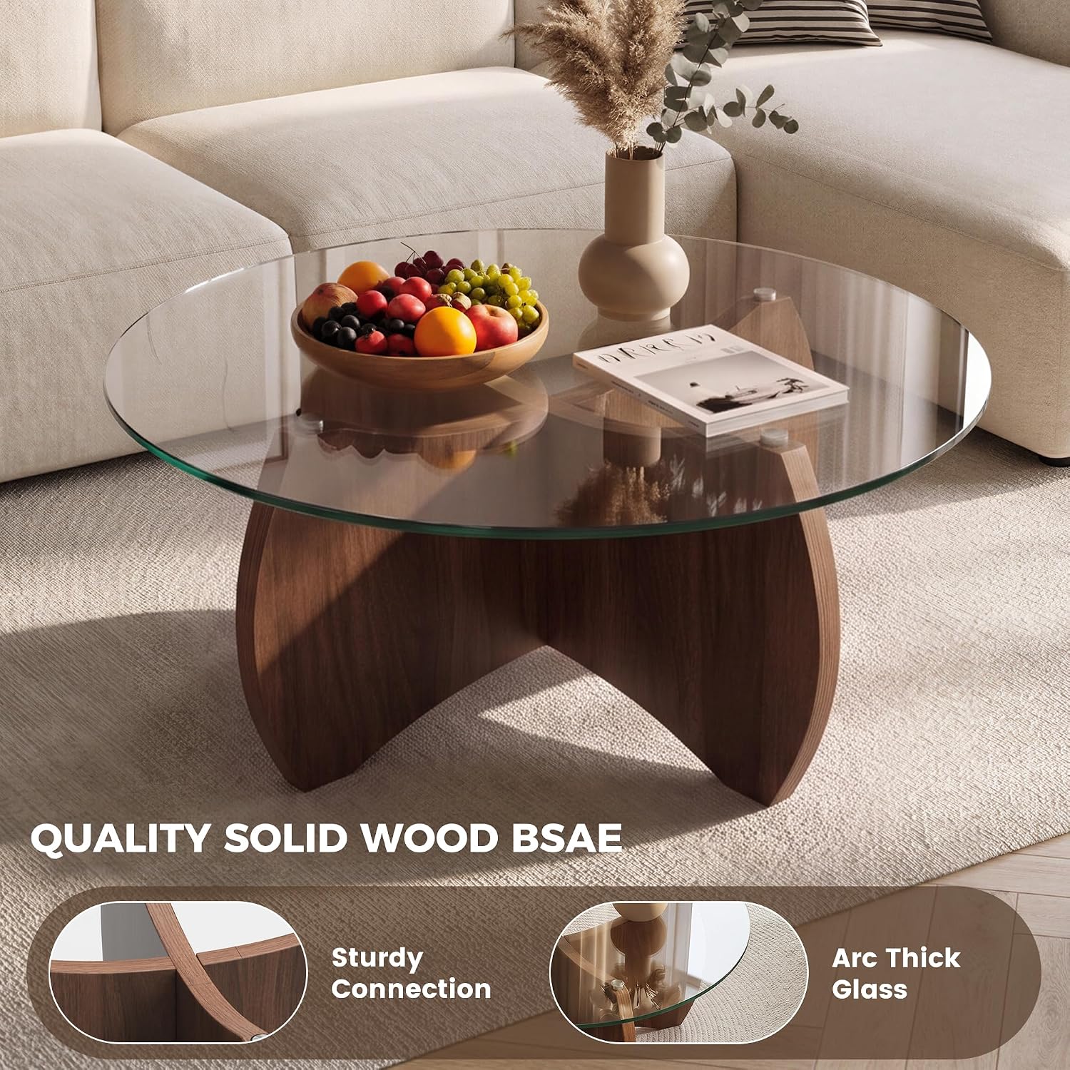 31.5" Walnut Base Round Tempered Glass Coffee Table