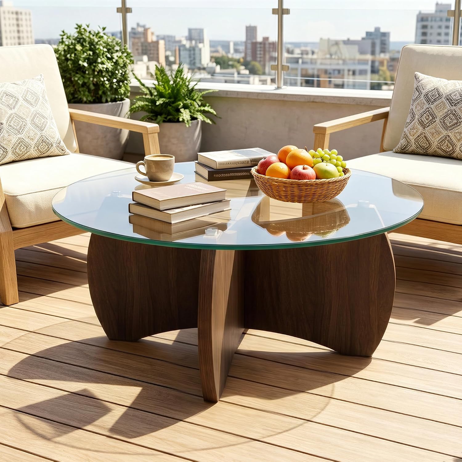 31.5" Walnut Base Round Tempered Glass Coffee Table
