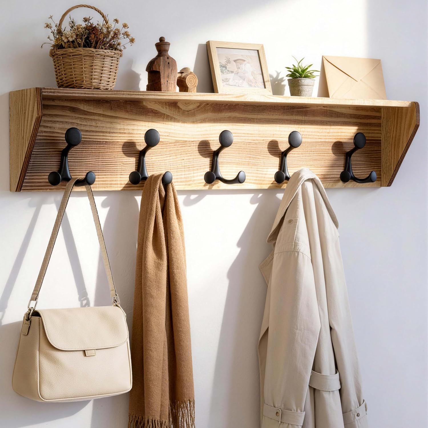 35‑Inch Wall Mount Coat Rack with Shelf 5 Tri Hooks