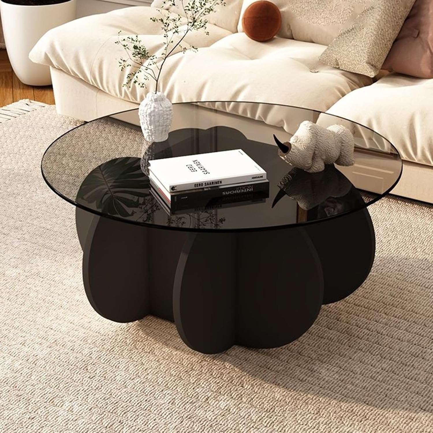 31.5" Round Glass Coffee Table Wood Base