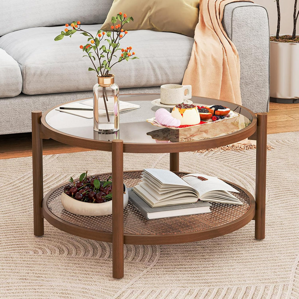 Boho Rattan 2‑Tier Round Coffee Table