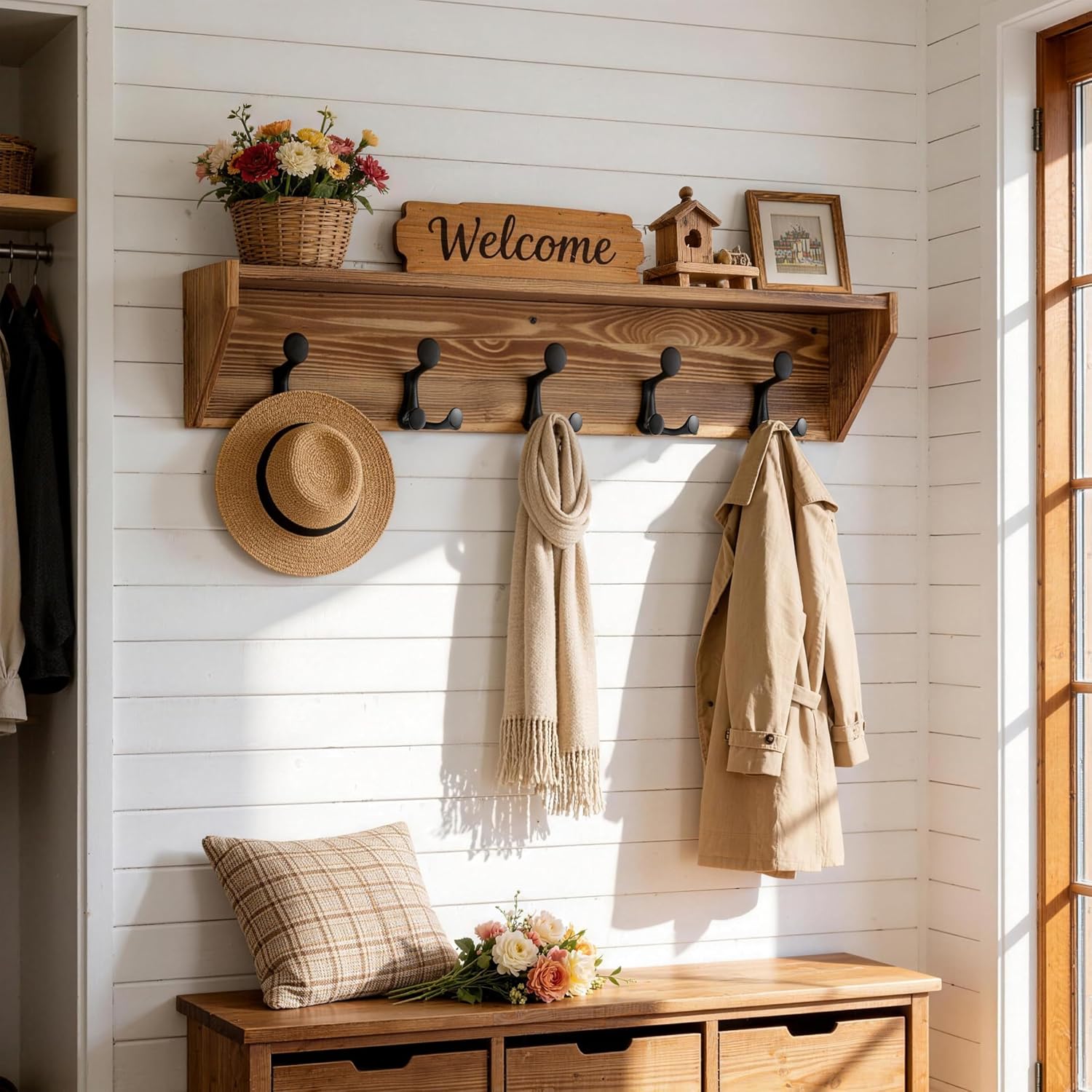 35‑Inch Wall Mount Coat Rack with Shelf 5 Tri Hooks