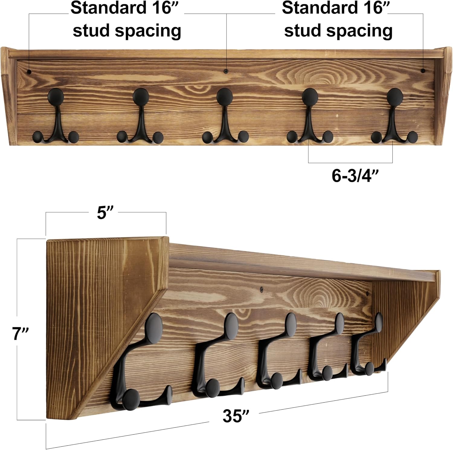 35‑Inch Wall Mount Coat Rack with Shelf 5 Tri Hooks