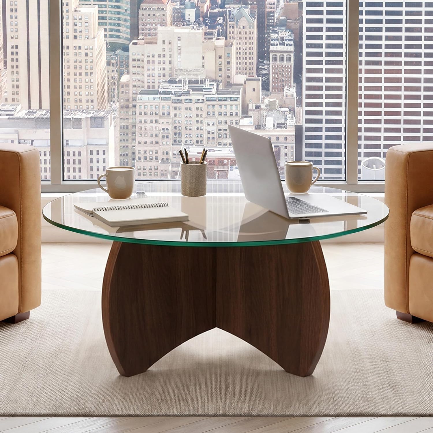 31.5" Walnut Base Round Tempered Glass Coffee Table